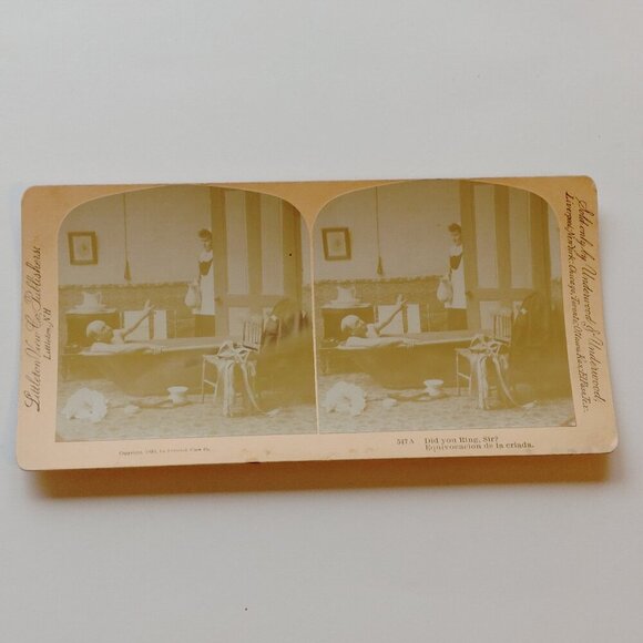 ANTIQUE STEREOGRAPH Card 1893 Photograph Card Maid Servant Man in Bathtub - Picture 1 of 5